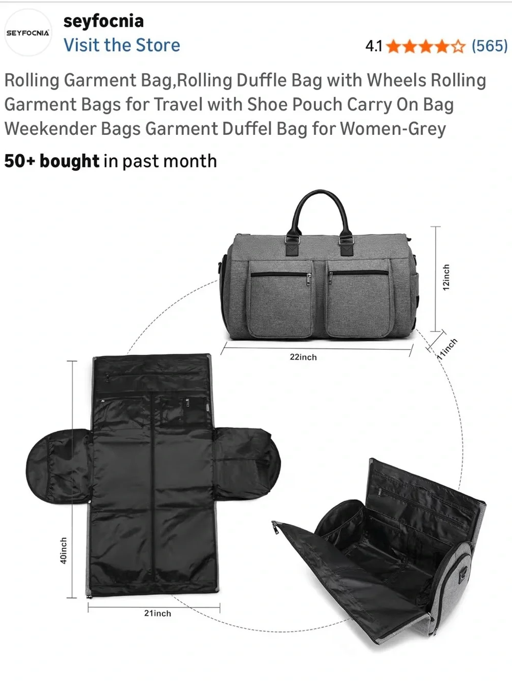 Seyfocnia Grey Rolling Garment Duffel Bag with Wheels